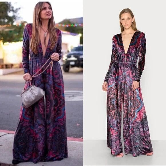 Free People Pants - Free People Giselle Velvet Billowy Leg Jumpsuit Long Sleeve Deep V Neck Womens M